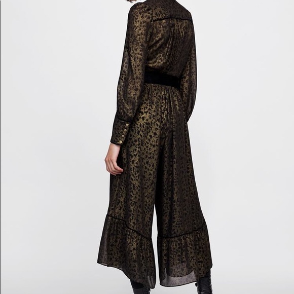 Zara Leopard Print Jumpsuit Ruffled Hem Bow Golden - Picture 2 of 8